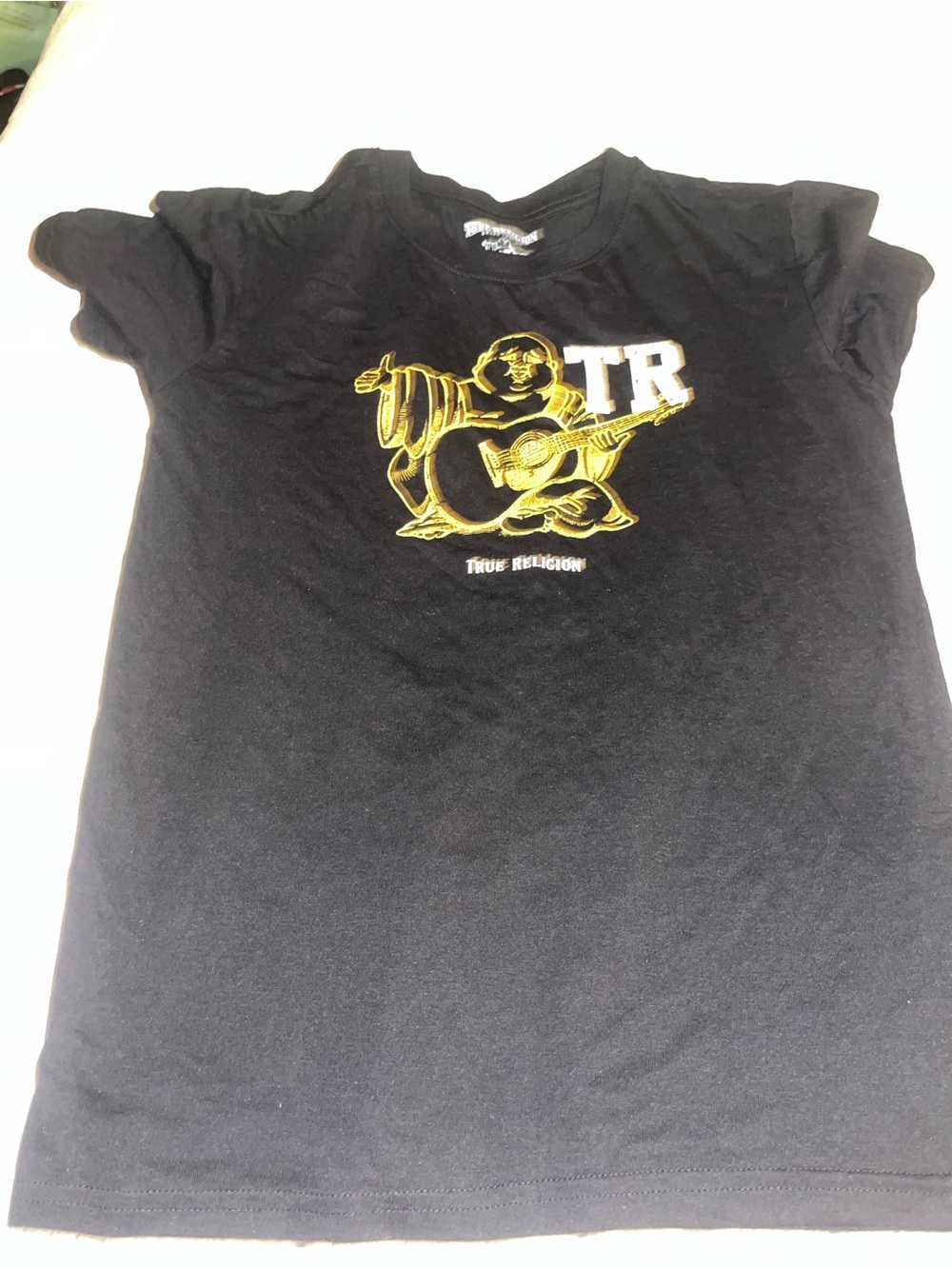 True Religion Black Tee with Gold Guitar Graphic